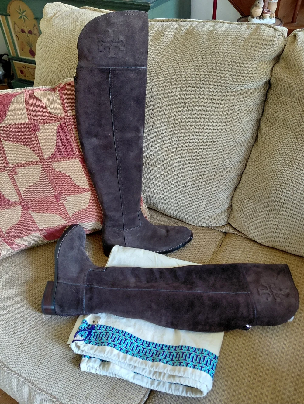 Tory Burch over the knee brown leather Simone boots & dust bag Womens 5.5